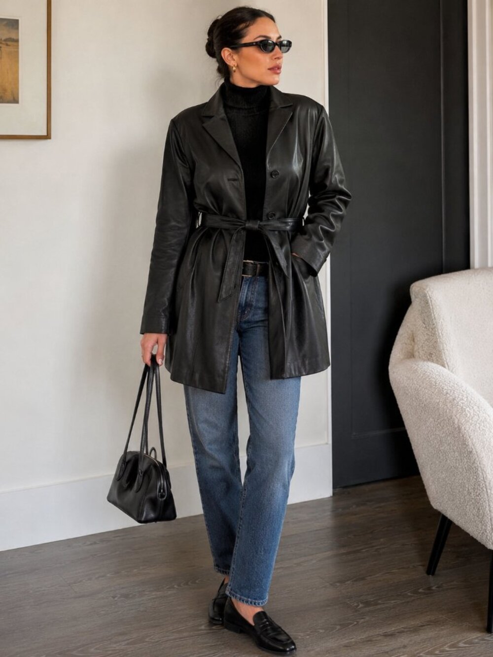 Vintage Y2K 90's Women's Black Napa Leather Belted Car Coat L City Chic Matrix